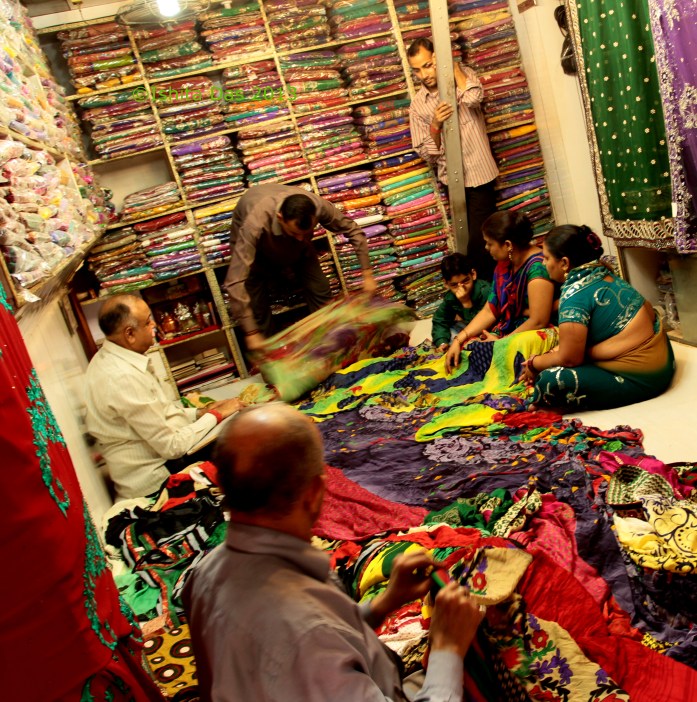 One of many, identically or more stocked, saree stores in chandni chowk
